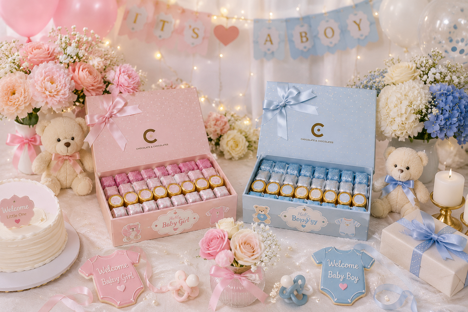 Baby girl and baby boy chocolate gifts on a newborn celebration table