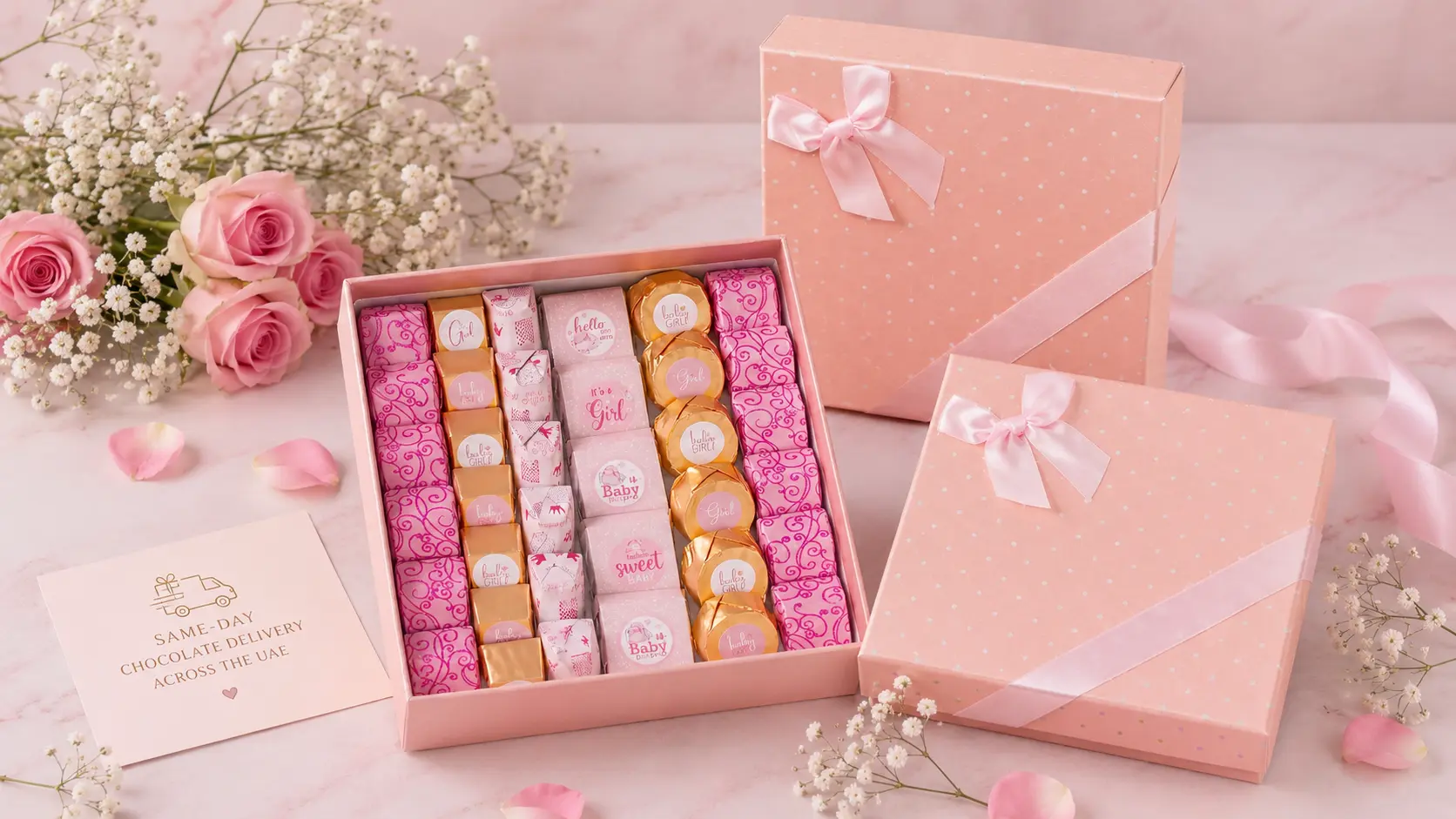same-day chocolate delivery UAE with elegant pink chocolate gift boxes