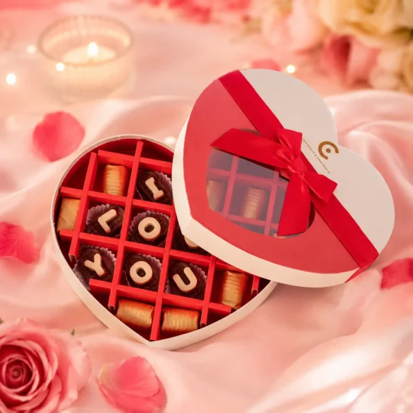 romantic chocolate gift box for couples with pink ribbon