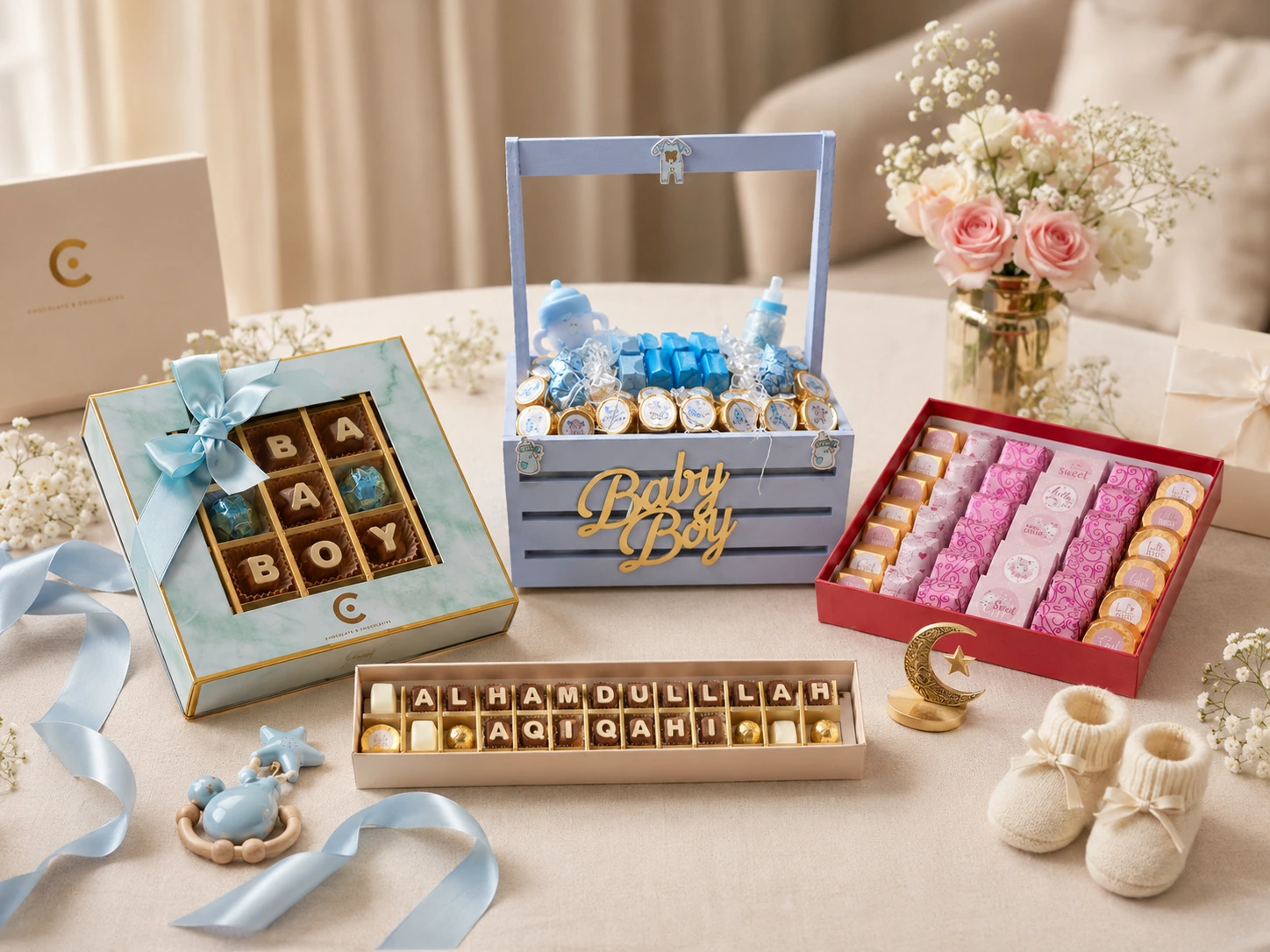 Aqiqah chocolate gift ideas for baby boys and girls in UAE